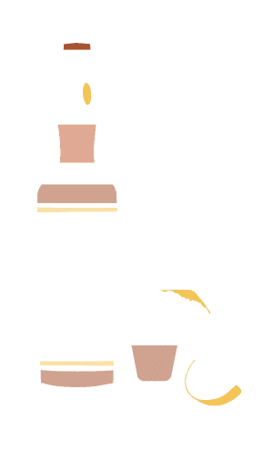 a bottle,shot glass, and slice of something
